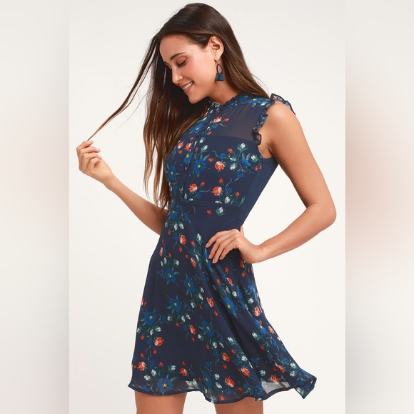 Lulus Dresses & Skirts - ✨HP✨ Lulus. Porch Swing Navy Blue Floral Print Skater Dress. Size Medium